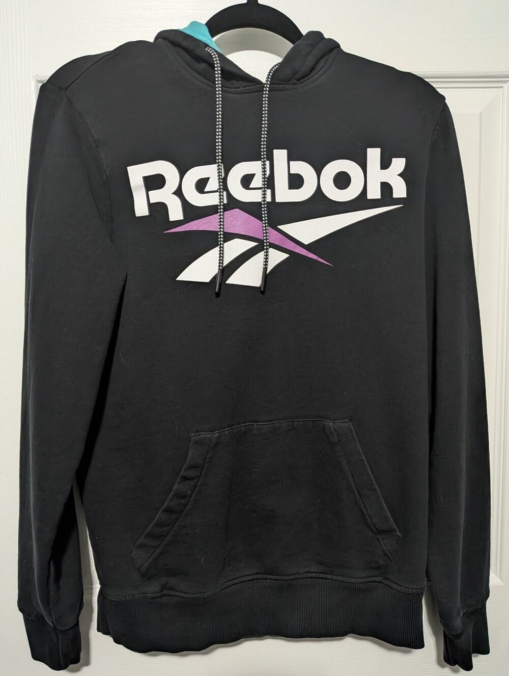 Reebok Classic Vector Logo Pullover Hoodie Black Teal Purple Size Small EUC
